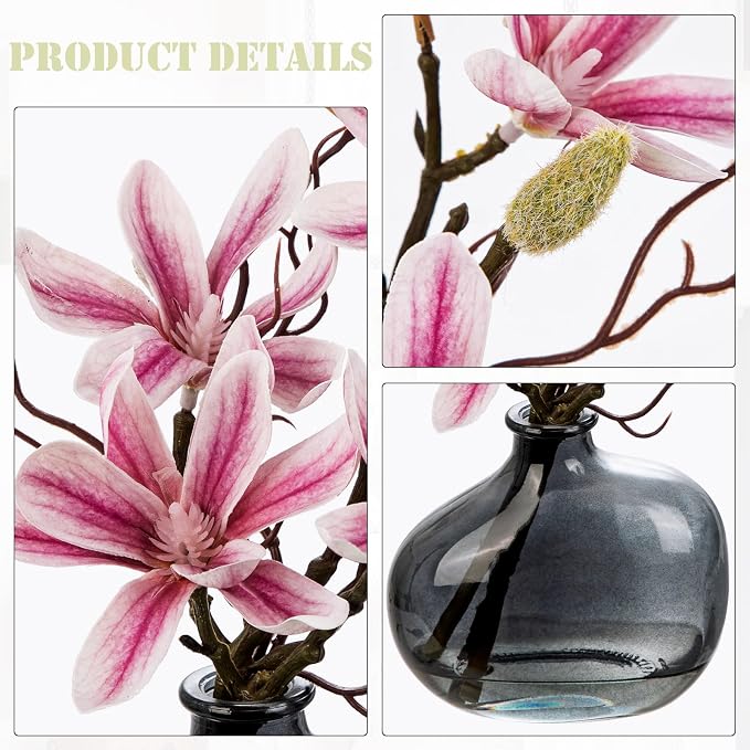 Briful 2PACK Artificial Magnolia Flowers with Grey Glass Vase, Small Faux Magnolia Arrangement Realistic Silk Flowers for Elegant Home Table Shelf Bathroom Decor, Pink