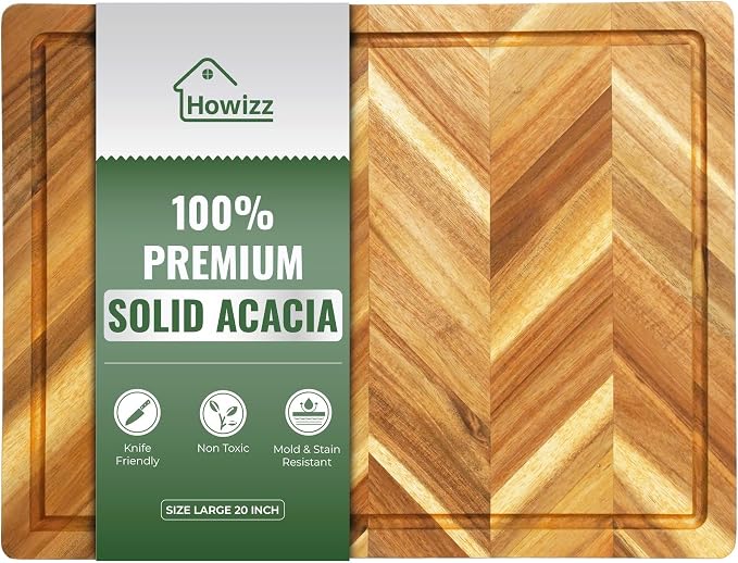 Howizz Solid Acacia Wood 20"x15" Large Cutting Board, Herringbone Chevron Cutting Board Large Grazing Board Charcuterie Serving Board, Non Toxic Natural Solid Wood Thick Wooden Chopping Boards
