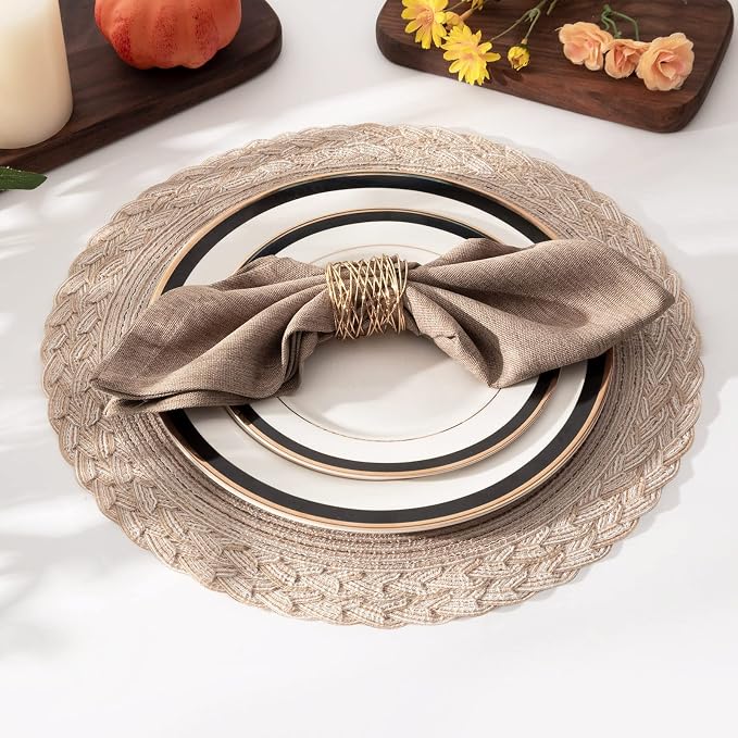 SHACOS Round Placemats Set of 4 Boho Braided Border 15 inch Circle Place Mats Washable Fabric Table Mats for Kitchen Dining Table, Beige