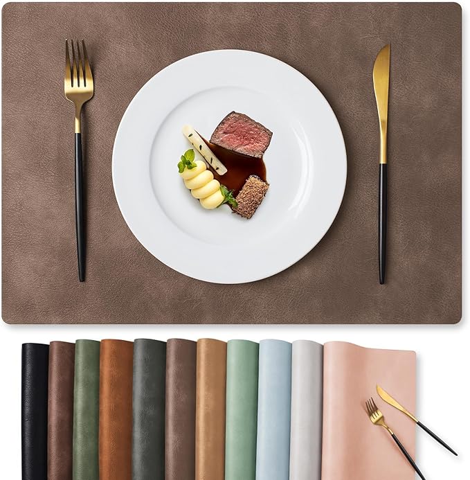 MOSAYT Vinyl Placemats Set of 8-12 X 17 Inch - Faux Leather 100% Waterproof Oil-Proof Wipeable PU Place Mats, Heat Resistant Reversible Table Mats for Kitchen, Dining, Outdoor, Brown