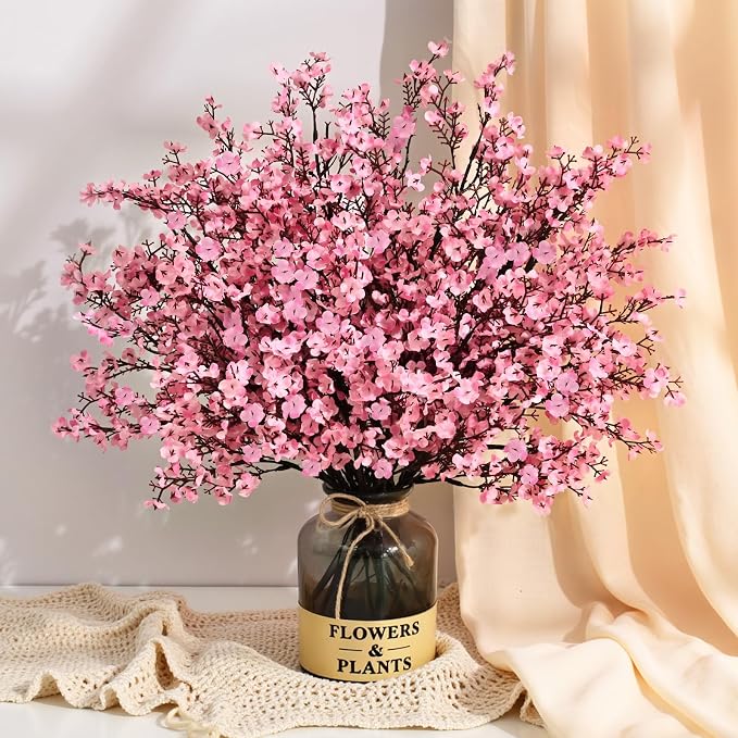 Waipfaru 15Pcs Fake Flowers Babys Breath Silk, Real Touch Pink Artificial Flowers Bulk with Bendable Stems, Pink Faux Flowers Babys Breath for Valentine's Day Spring Wedding Party Decor