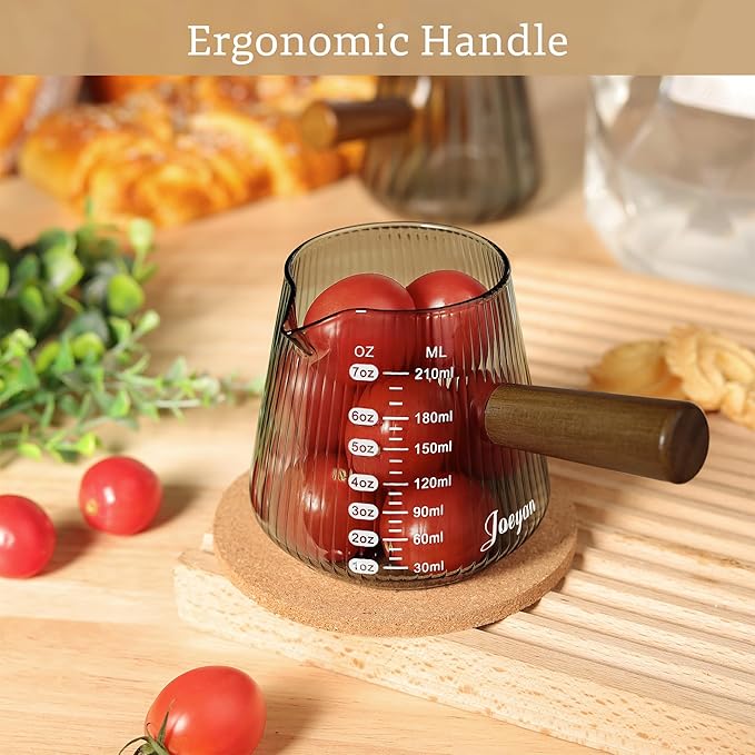 Joeyan Espresso Measuring Cup, 7oz Gray Espresso Shot Cups with Handle, Double Scale Glass Measuring Cup with Spout, Ribbed Milk Frothing Pitcher, Espresso Machine Coffee Bar Accessories