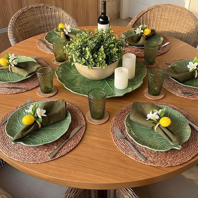 Laquedecraft 13.8" Set of 8 Round Brown Seagrass Placemats | Boho Woven Rattan Table Mats | Farmhouse Wicker Spring Corn Husk Plate Chargers (Brown)