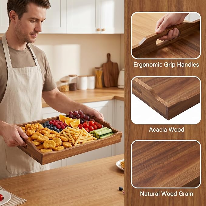 2 Pack Acacia Wood Serving Trays - Rectangular Food-Grade Wooden Trays for Kitchen, Dining, Party, Breakfast, Snack & Decor