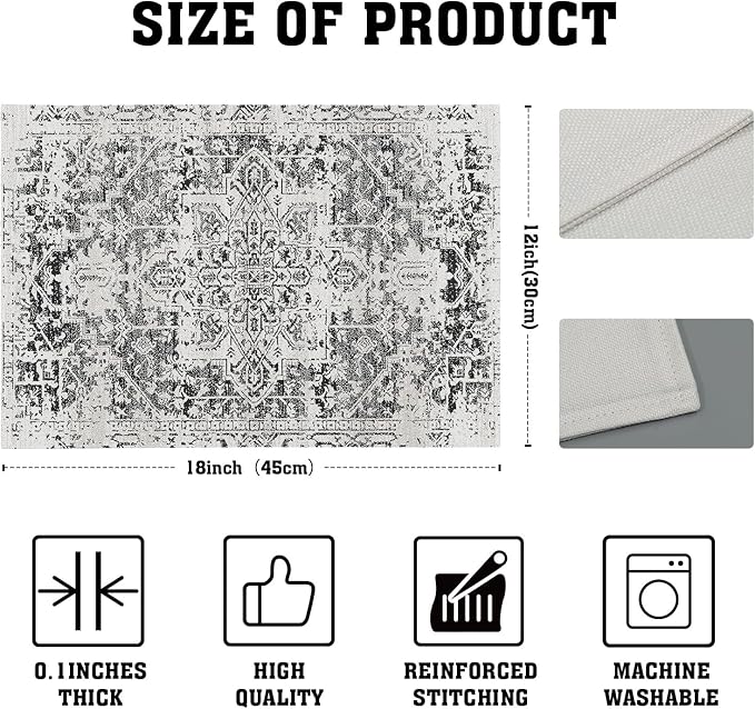 Gray Black Boho Placemats Set of 6 Ethnic Bohemian Carpet Place Mats Washable Kitchen Dining Vintage Grey Geography Floral Linen Table Mats Stain Heat-Resistant Cloth Tabel for Home Party 12x18 in