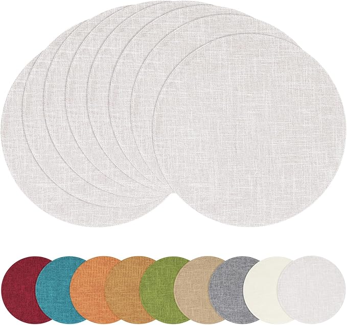 homing 15 Inch Round Cloth Placemats Set of 8, Cotton Linen Blend Washable Table Mats, Farmhouse Dining Place Mats for Indoors & Outdoors, Easy to Clean, Beige