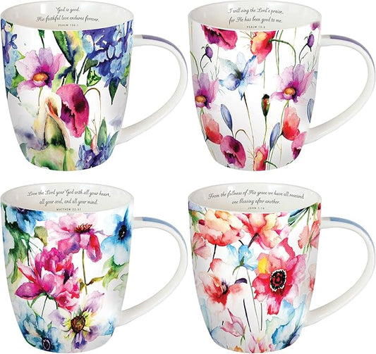 Christian Art Gifts Ceramic Coffee or Tea Mug Set for Women, Seeds of Love Garden Blooms Design Bible Verse Mug Set, Boxed Set of 4 Coffee Cups