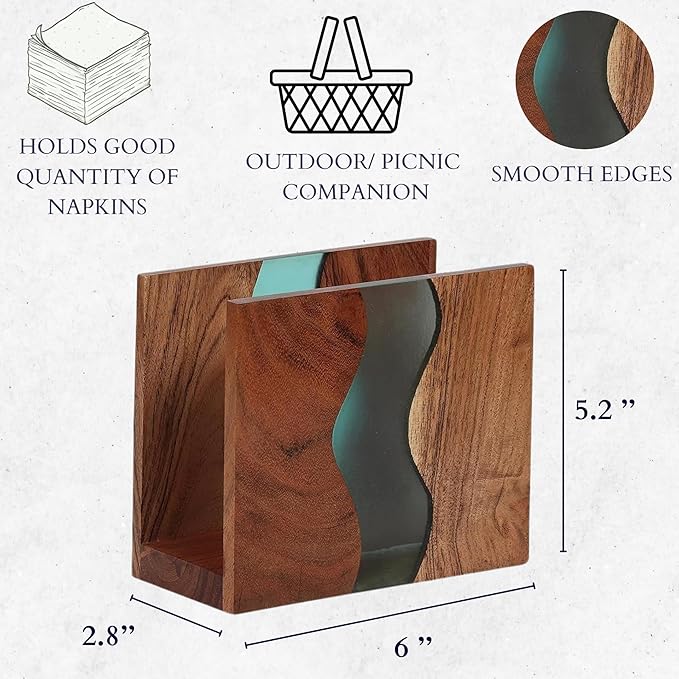 Acacia wood & Transparent Epoxy resin Napkin holder for table, Rustic farmhouse napkin organisation for kitchen, dining, counter tops, restaurant or outdoors | 6x5x2.5 inches| Turquoise