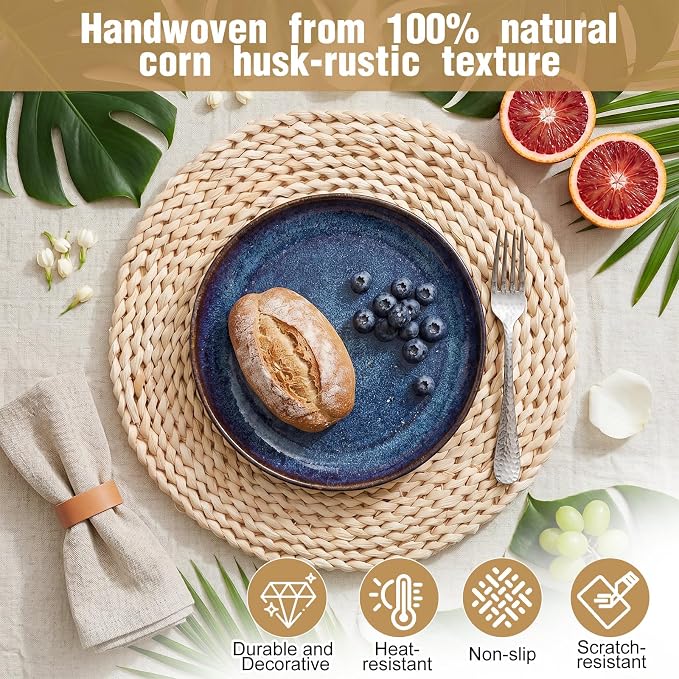 Set of 12 Round Woven Corn Husk Placemats 11.8'' Boho Farmhouse Placemats for Tabletop Decor Elegant Dining Wedding Christmas Thanksgiving Day Holiday Dinner Party Housewarming Gifts Daily