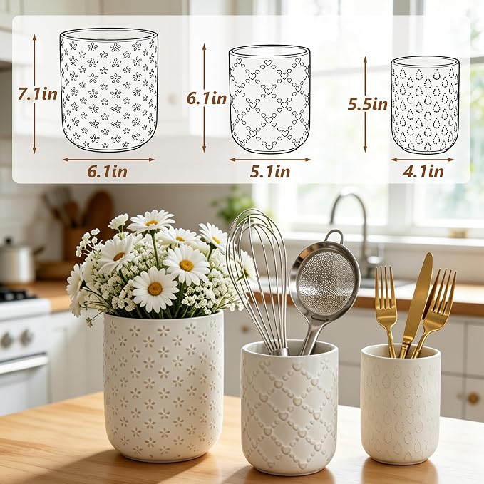Kitchen Utensil Holder, Farmhouse Embossed Cooking Utensils Holder, White Ceramic Utensil Crock for Countertop, Large Utensil Organizer for Spatula, Spoon, Fork, Chopsticks, Set of 3