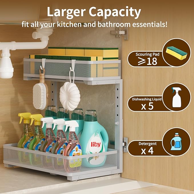 Under Sink Organizer 1 Pack, 2-Tier Slide Out Cabinet Organizer with Metal Sliding Drawer and Hooks, Pull Out Storage Baskets for Kitchen Bathroom Pantry Cabinet Organization (Gray (1 pack))