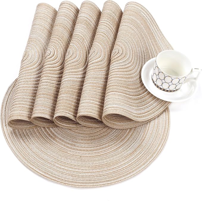 SHACOS Round Braided Placemats Set of 8 Cotton Fabric Round Table Mats Non Slip Washable 15 inch Round Place Mats Home Party Table Decor (Beige, 8)