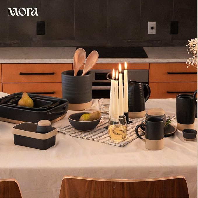 Mora Ceramic Kitchen Utensil Holder - Wooden Spoon & Spatula Crock for Countertop, Modern Farmhouse Home Decor, Large 7.3" Cooking Organizer for Stove Top and Counter - Heavy & Sturdy - Liquorice