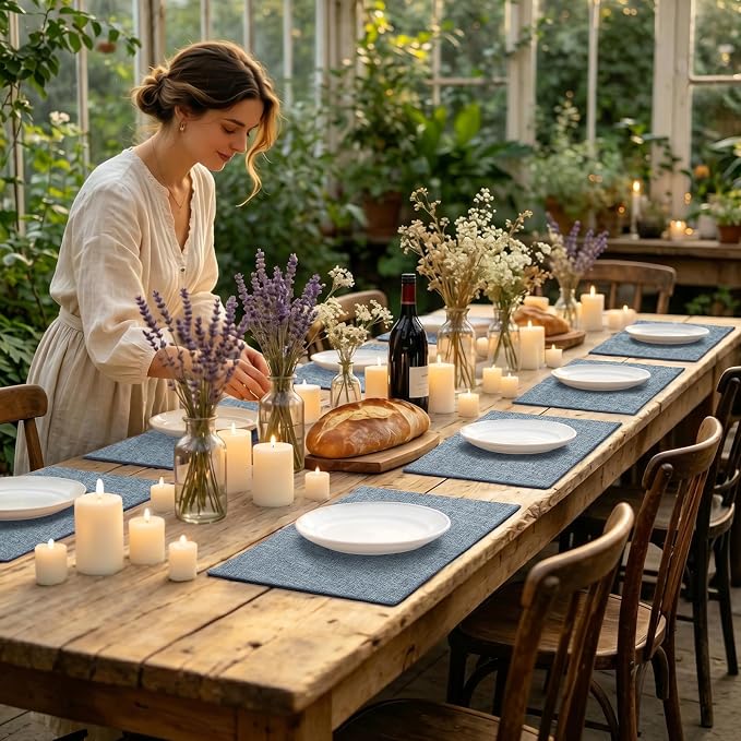 homing Faux Cotton Linen Placemats Set of 6, Cloth Washable Farmhouse Dining Table Mats for Indoors & Outdoors, Easy to Clean, Denim Blue, 13 x 19 Inch