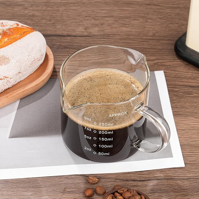 Espresso Cup Measuring Cup Triple Pitcher Milk Cup 250ML/8.5OZ Espresso Cups with Handle Shot Glass with V-Shaped Mouth Milk Frothing Pitcher (Double mouth)