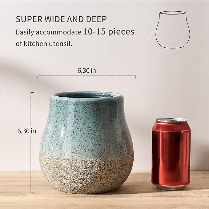 JIEMEI HOME Kitchen Utensil Holder, 6.3" Ceramic Rustic Utensil Crock for Countertop, Farmhouse Cooking Tool Organizer, Spatula Holder For Kitchen Decor, Speckled Blue & Brown