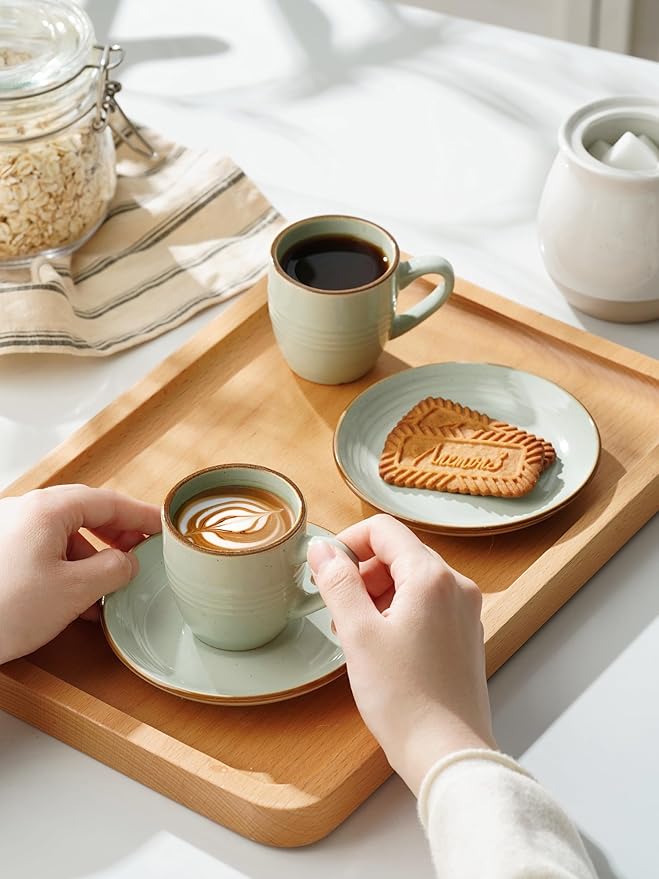 famiware amiware Jupiter Espresso Cups and Saucers Set of 4, 3 oz Ceramic Small Coffee Mug with Handle, Spiral Stoneware Demitasse Cup for Tea, Latte, Cafe - Microwave & Dishwasher Safe, Light Green