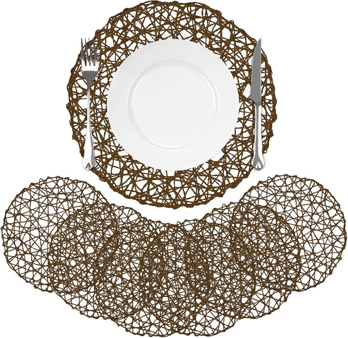 comfoyar Round Paper Braided Placemats Set of 6, 13 Inch Non-Slip Dark Brown Hand Woven Place Mats, Natural Table Mats for Indoor Outdoor Kitchen Dining Party Table Decoration