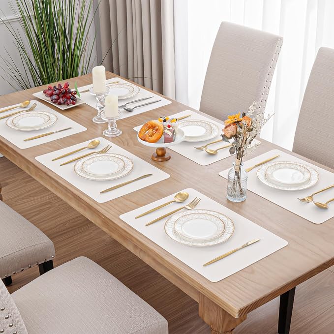 SHACOS Placemats Set of 6 Faux Leather Waterproof Wipeable PU Non-Slip Vinyl Place Mats Heat Resistant Table Mats for Kitchen Dining Table Indoor Outdoor, White