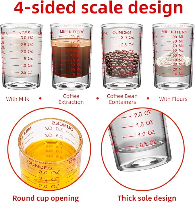 1Pc Shot Glass Measuring Cup 3 Ounce/90ML Liquid Heavy High Espresso Glass Cup Black Line Espresso Shot Glasses with Measurement (1, Red scale)