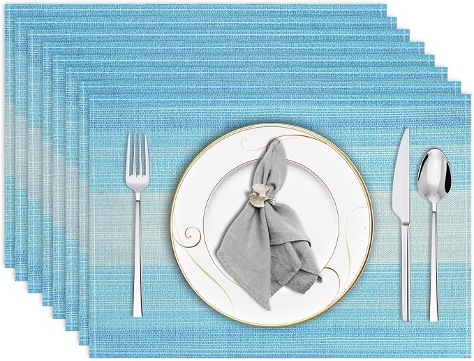 Niviy Blue Placemats Set of 8, 12x18 Inch Washable Easy to Clean Heat-Resistant Anti-Skid Table Mats for Holiday Party Kitchen Dining Room Decoration