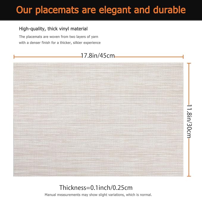 Placemats Set of 12 Washable&Wipeable Place mats for Dining Table Kitchen Indoor Outdoor Table Mats Heat Resistant Non Slip Woven Vinyl Table Placemats (Beige，12PCS)