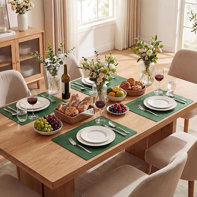Artoid Mode Green Faux Leather Placemats Set of 8, 12x18 Inch Waterproof Wipeable Heat Resistant Vinyl Place Mats, Reversible Table Mats for Kitchen Dining Decor