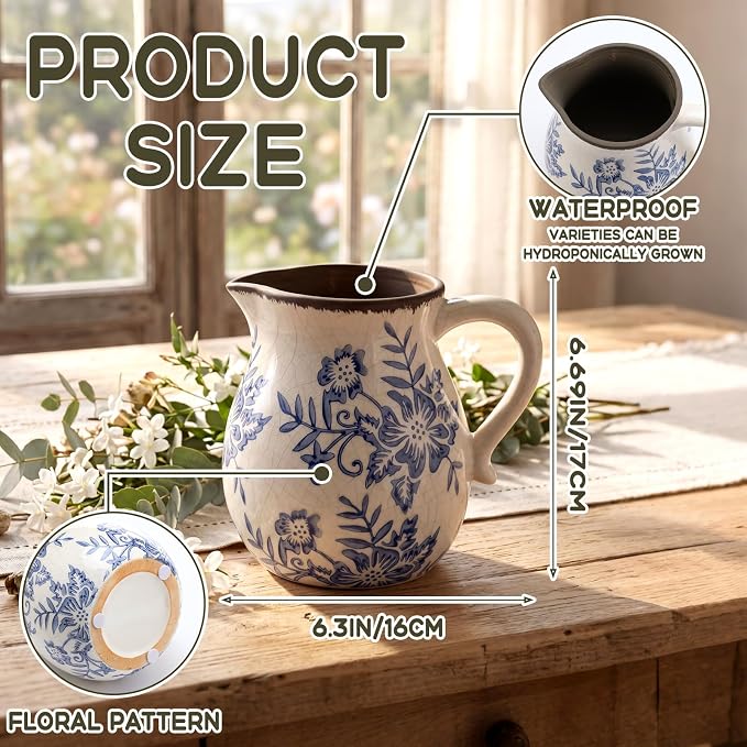 Blue Floral Ceramic Utensil Holder for Kitchen Counter, 6.69 Inch Rustic Farmhouse Cooking Utensil Holder with Handle Modern Kitchen Organizer Crock for Countertop Vintage Chinoiserie Decor