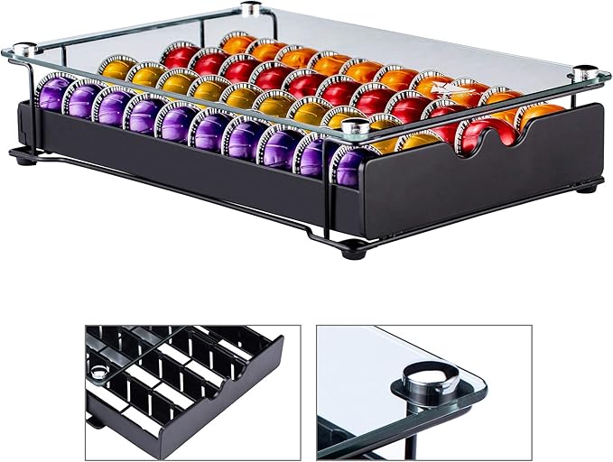 FlagShip Vertuo Pod Holder Drawer for Nespresso Storage Glass Top Capsule Organizer(40 Pods Capacity)