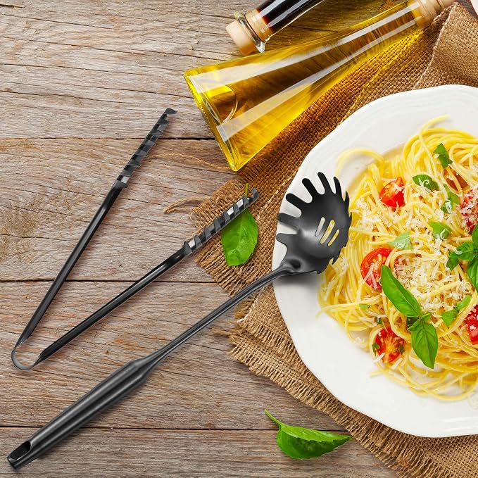 Patelai Stainless Steel Spaghetti Spoon and Pasta Tongs Set, Long Handle Noodle Server Tools with Drain Holes, Non-slip Grip for Cooking, Serving Pasta and Noodles(Black)