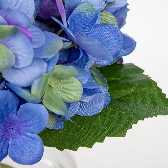 Hollyone Hydrangea Artificial Flowers with Glass Vase Blue-Green Silk Faux Flowers Arrangements in Vase with Faux Water Fake Floral Bulk Bouquet for Home Decor Table Centerpiece Decorations