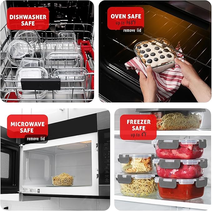EATEX 24pc Glass Storage Containers with Lids, 12 Glass Food Storage Containers with 12 Airtight Lids for Pantry & Kitchen, Meal Prep Containers for Lunch, Oven Freezer Microwave & Dishwasher Safe