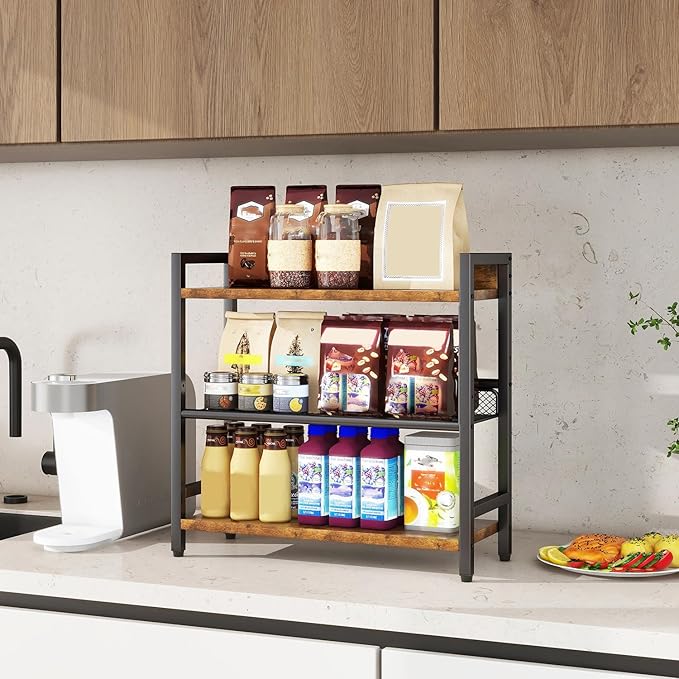 IBUYKE 3-Tier Spice Rack Industrial Counter Shelf Desktop Storage Organizer Standing Seasoning Rack for Countertop Kitchen Office Living Room Desktop Rustic Brown UTLJ021H