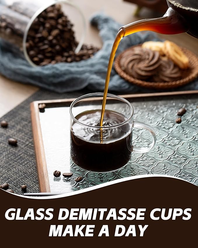 Espresso Cups Set of 4, 5 oz Small Shot Glasses with Handle, Clear Demitasse Mugs for Double Espresso or Tea, Coffee Machine Accessories