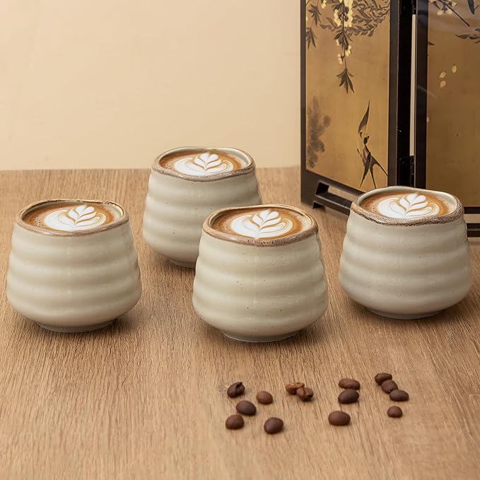 4pcs Japanese Tea Cup Set – Mini Size Cup 5OZ Ceramic Matcha Cup, Handless Espresso Cups, Cute Small Porcelain Coffee Mugs for Coffee Tea Lovers, Dishwasher & Microwave Safe(Retro Grey)