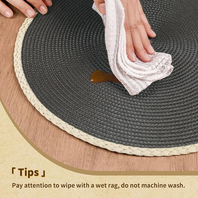 Noctiflorous Braided Round Placemats Set of 6, 15 Inch Woven Table Mats, Non-Slip Washable Thin Edge Place Mats for Kitchen Dining Table Decor (Dark Gray, 6)