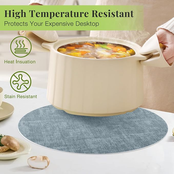 13-Inch Faux Leather Round Placemats Set of 6, Waterproof Anti-Slip Dual Sided Place mats, Heat Resistant Washable Table Mats with Coaster, Suitable for Indoor & Outdoor (6, Black Light Blue)