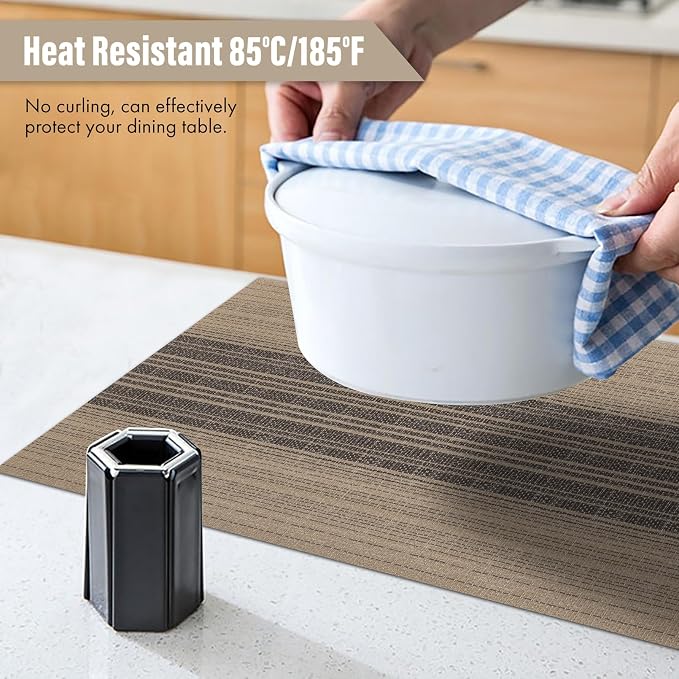 Winknowl Placemats Set of 8, Washable Vinyl Woven Placemats, Heat Resistant & Wipeable Table Mats for Kitchen Dining Table (Brown)