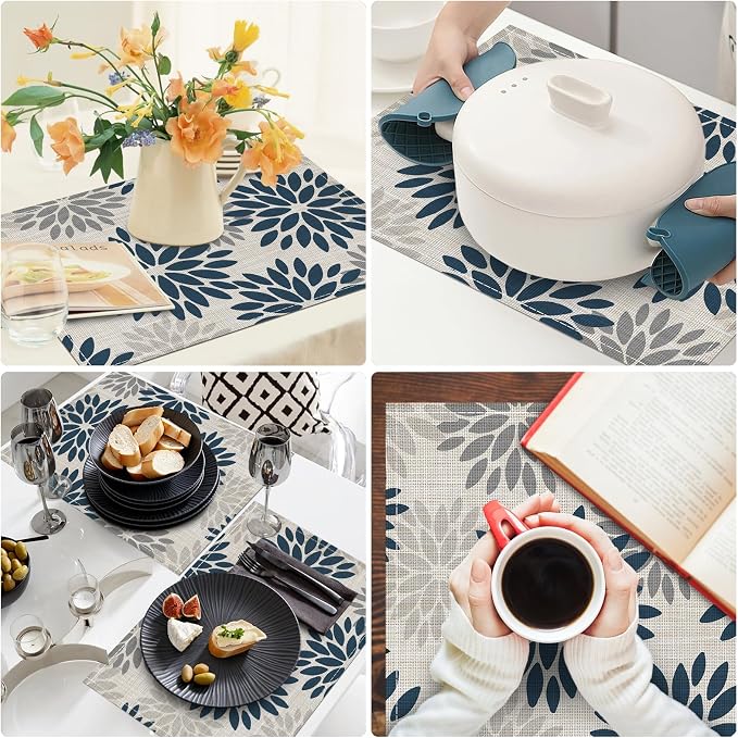 Niviy Dahlia Aqua Floral Pinnata Flower Placemats Set of 4, 12x18 Inch Washable Easy to Clean Heat-Resistant Anti-Skid Grey Placemats for Holiday Party Kitchen