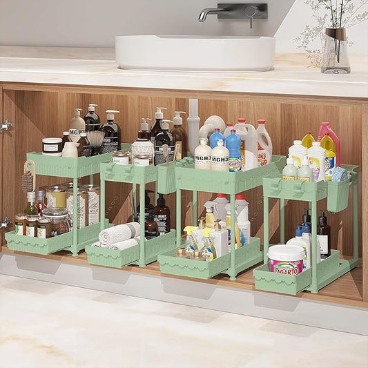 Sevenblue Under Sink Organizer, Bathroom Organizers and Storage, 2 Tier Multi-Use Pull Out Cabinet Organizer with Hang Hooks and Cups (Green, 4 Pack)