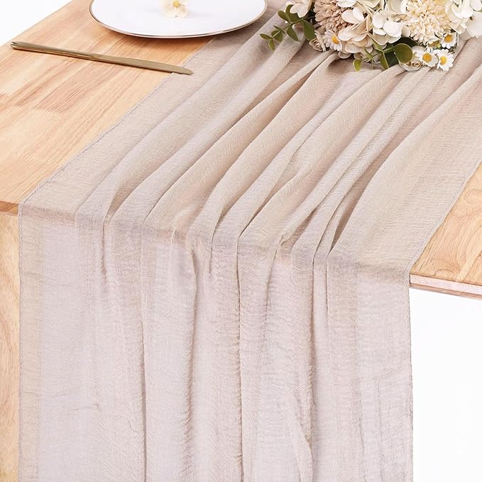 Sand Cheesecloth Table Runner 10ft Boho Gauze Sheer Table Runner for Bridal Wedding 35x120 Inches Rustic Cheese Cloth for Baby Shower Valentines Party Decorations
