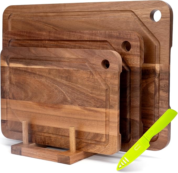 Wood Cutting Board For Kitchen, Acacia Wood Cutting Board Set of 3 with Juice Groove, Double-Sided Chopping Board Serving Board with Hanging Hole for Meat, Vegetables and Cheese