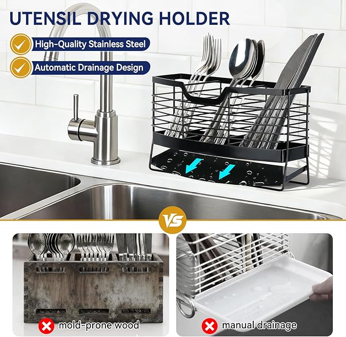 Utensil Holder, Stainless Steel Utensil Drying Rack with Automatic Drain Tray for Kitchen Counter, 3 Compartments Silverware Spoon Holder Cutlery Storage Organizer, Black