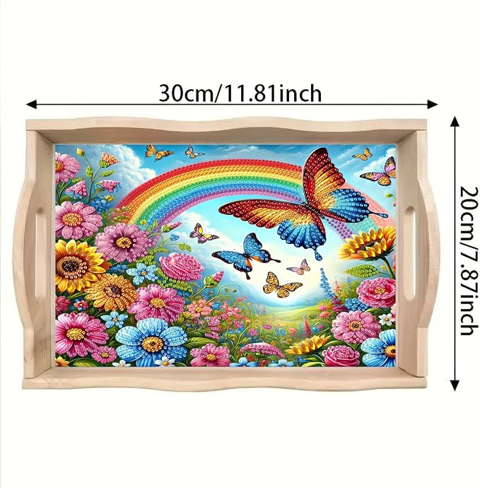 BAYUNOE DIY Diamond Serving Tray Rectangular Breakfast Tray with Handle Handmade Diamond Art Painting Wooden Tray Spring Creative Dinner Plate Coffee Room Living Home Organizer-Rainbow Butterfly Bush