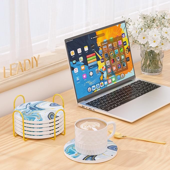 6Pcs/Set Marble Abstract Ceramic Coasters with Holder, Absorbent Drink Coasters, Coffee Cup Coaster,Round Ceramic Table Coasters Set Decorative