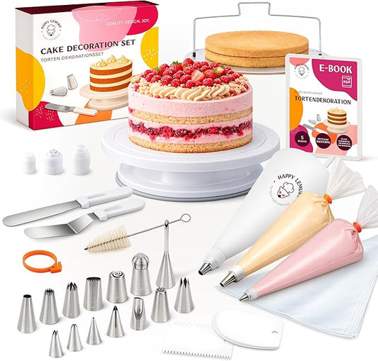 Cake Decorating Kit with Premium Piping Nozzles & Piping Bag, Rotating Cake Plate, Cake Cutter and Versatile Baking Accessories