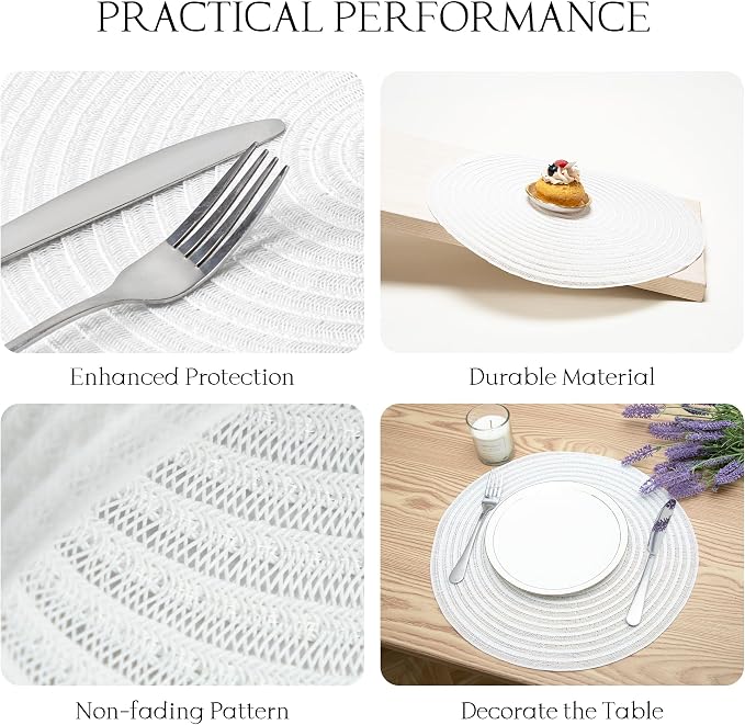 Placemats Set of 4-Heat Resistant Washable Table Mats for Dining Table,Round Braided Place Mats,15 inch White