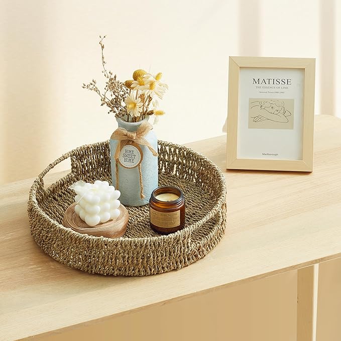 JS HANGER 13" Hand-Woven Round Rattan Serving Tray Decorative Wicker Trays with Built-in Handles for Coffee Table, Natrual Grass Storage Tray