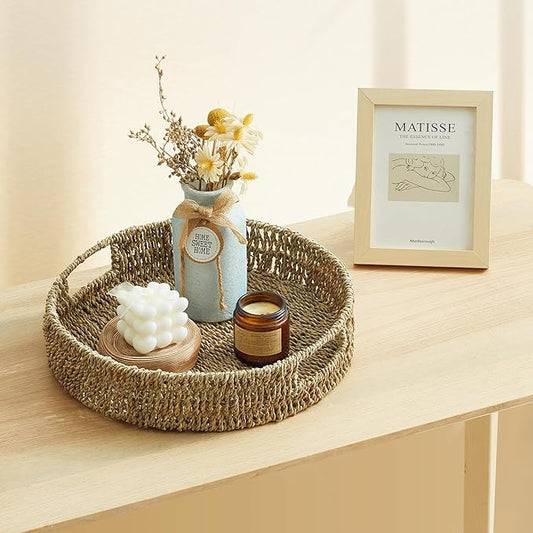 JS HANGER 13" Hand-Woven Round Rattan Serving Tray Decorative Wicker Trays with Built-in Handles for Coffee Table, Natrual Grass Storage Tray