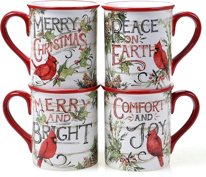 Evergreen Christmas 16 oz Ceramic Mugs – Set of 4 – Holiday Cardinal Design with Festive Sayings – Durable Stoneware Drinkware for Hot Cocoa, Coffee, Tea & Winter Gifting